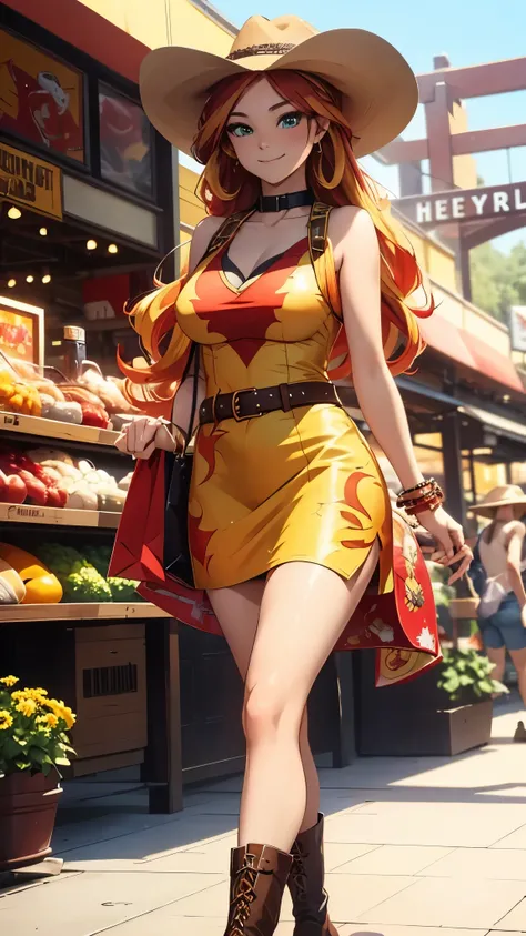 sunsethuman, medium breasts, two tones of hair, red and yellow hair, smiling, wearing a cowboy hat, short yellow sundress, perfect legs, cowboy boots, walking through a shopping mall