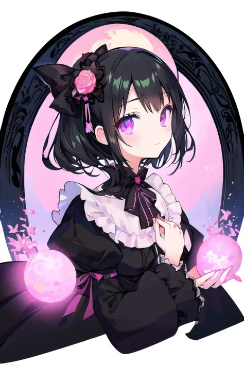 hyper cute girl。Attractive eyes、Beautiful black hair。A black gothic lolita dress with detailed decorations。The background is a pink moon and a pink gradient all over.。Intricate Gothic artwork、Highly detailed digital illustration。Detailed beauty。