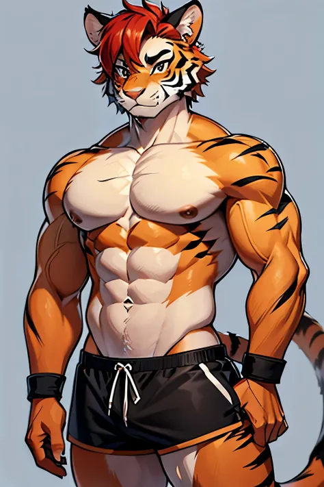 male tiger with black fur with blue stripes, red hair and tail with red stripes, short shorts and short body with muscles