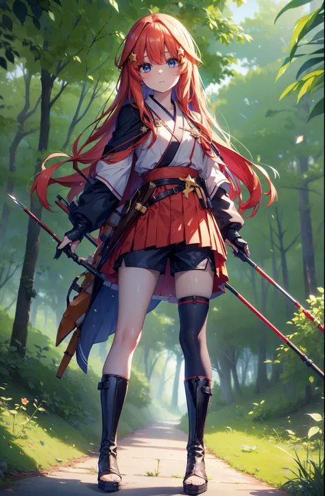 itsukinakano, itsuki nakano, bangs, blue eyes, Hair between the eyes, Redhead, star (symbol), hair ornaments, star hair ornaments,Long Hair,Carrying an archery bag,He has a quiver on one side, boots, Cape,gloves, red Knee socks, High heels, Shorts, Knee so...