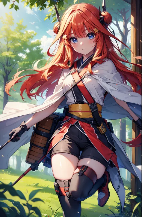 itsukinakano, itsuki nakano, bangs, blue eyes, Hair between the eyes, Redhead, star (symbol), hair ornaments, star hair ornaments,Long Hair,Carrying an archery bag,He has a quiver on one side, boots, Cape,gloves, red Knee socks, High heels, Shorts, Knee so...