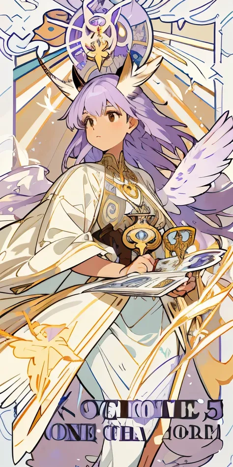 （（masterpiece：1.2，best quality），solo，bird woman，An Alphonse Muchas：1.1，（(light brown skin)），((light purple hair))，(brown eyes)，(owl wings)，owl ears，tarot cards：1.3，feathers，musical noteagical）