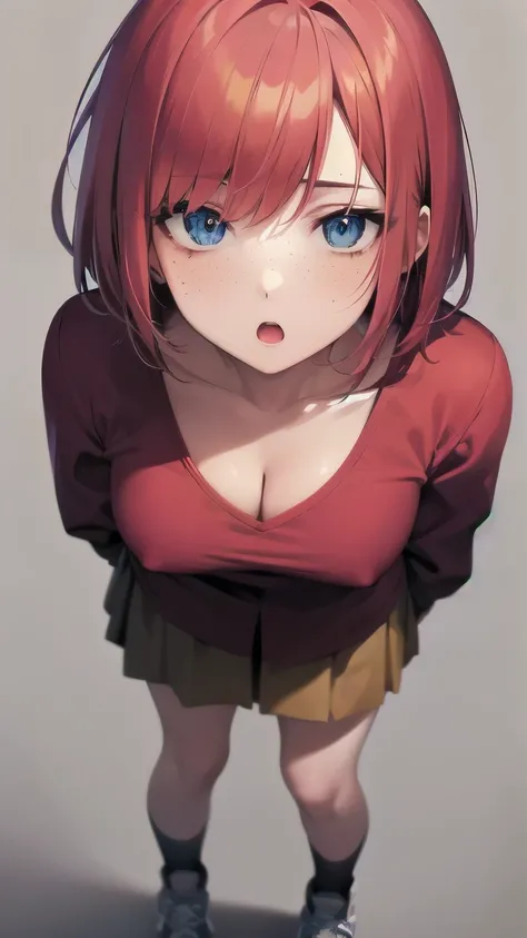 (masterpiece), best quality, emotionless eyes, perfect face, 1girl, solo, bob cut, red hair BREAK short hair, blue eyes BREAK :o, freckles, cleavage, breasts, red shirt BREAK orange skirt BREAK sneakers, standing, white background, simple background 