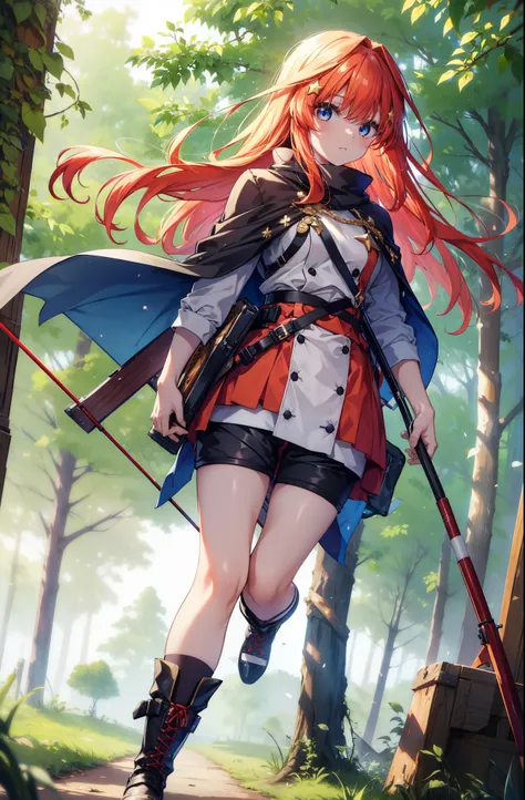 itsukinakano, itsuki nakano, bangs, blue eyes, Hair between the eyes, Redhead, star (symbol), hair ornaments, star hair ornaments,Long Hair,Carrying an archery bag,He has a quiver on one side, boots, Cape,gloves, red Knee socks, High heels, Shorts, Knee so...