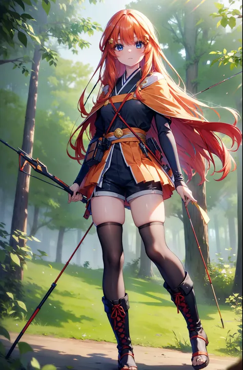 itsukinakano, itsuki nakano, bangs, blue eyes, Hair between the eyes, Redhead, star (symbol), hair ornaments, star hair ornaments,Long Hair,Carrying an archery bag,He has a quiver on one side, boots, Cape,gloves, red Knee socks, High heels, Shorts, Knee so...
