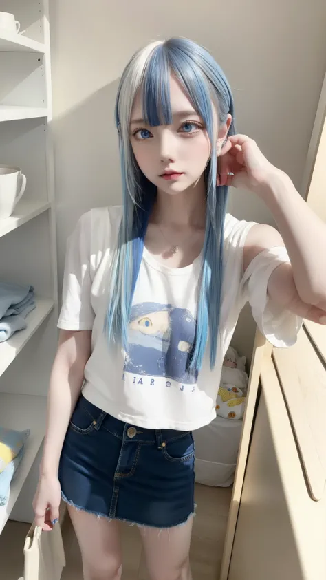 masterpiece, best quality, highly detailed,1girl,indoors, adult, split-color hair, yellow and Blue hair, Narrow, sharp eyes、, clothes, blue eyes、From head to toe、mini skirt、