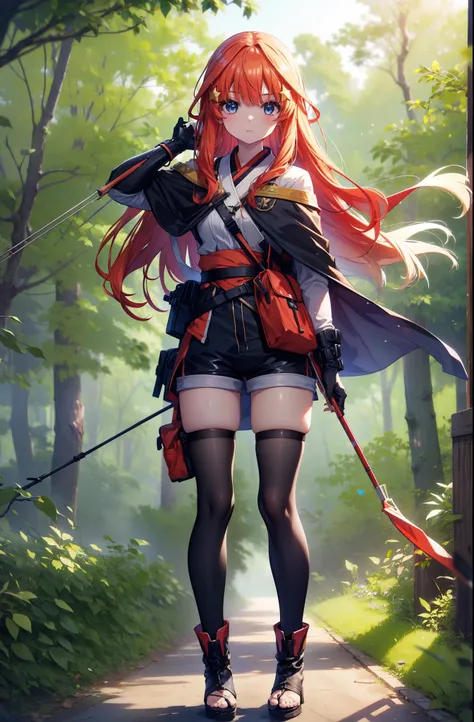 itsukinakano, itsuki nakano, bangs, blue eyes, Hair between the eyes, Redhead, star (symbol), hair ornaments, star hair ornaments,Long Hair,Carrying an archery bag,He has a quiver on one side, boots, Cape,gloves, red Knee socks, High heels, Shorts, Knee so...