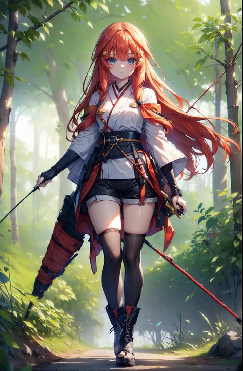 itsukinakano, itsuki nakano, bangs, blue eyes, Hair between the eyes, Redhead, star (symbol), hair ornaments, star hair ornaments,Long Hair,Owns an archery grip in the right hand,Carrying an archery bag,He has a quiver on one side, boots, Cape,gloves, red ...