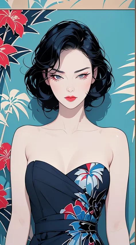 a woman in a navy blue dress standing in front of flowers, ((art style by patrick nagel)), ((8k, wallpaper, detailed)), dark sun...