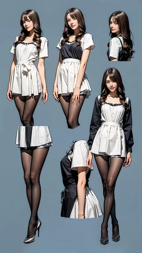 ((masterpiece)),(((Highest quality))),((Character design sheet)),Thin thighs,Long legs,Bunny girl in gorgeous light blue maid outfit:1.5，wear black tights:1.5，The best smile:1.5，Full Body Shot:1.5，Gray background:1.5，Wearing black high heels:1.5，short side...