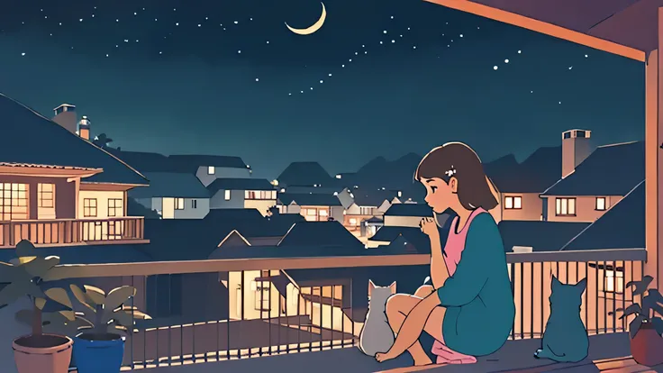 a girl sitting on a porch with a cat, with a view of the night sky