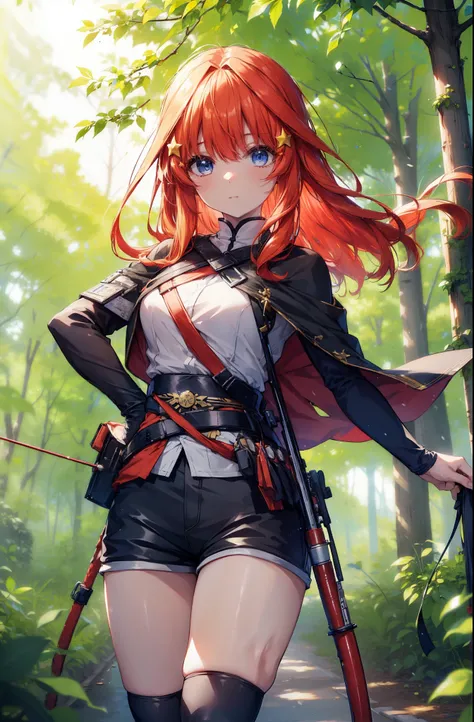 itsukinakano, itsuki nakano, bangs, blue eyes, Hair between the eyes, Redhead, star (symbol), hair ornaments, star hair ornaments,Long Hair,Owns an archery grip in the right hand,Carrying an archery bag,He has a quiver on one side, boots, Cape,gloves, red ...