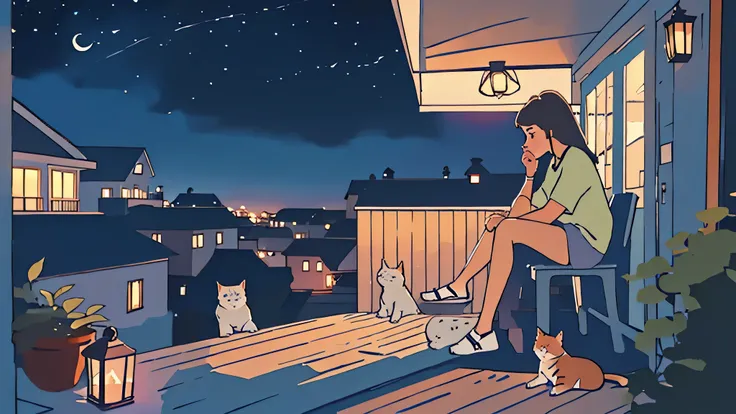a girl sitting on a porch with a cat, with a view of the night sky