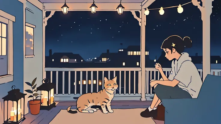 a girl sitting on a porch with a cat, with a view of the night sky,