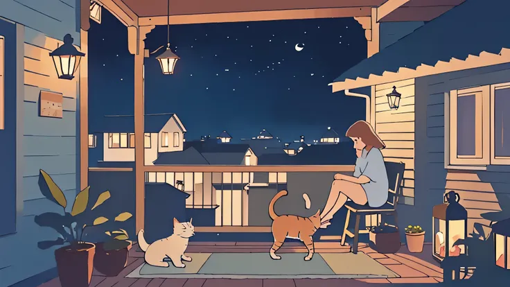 a girl sitting on a porch with a cat, with a view of the night sky,