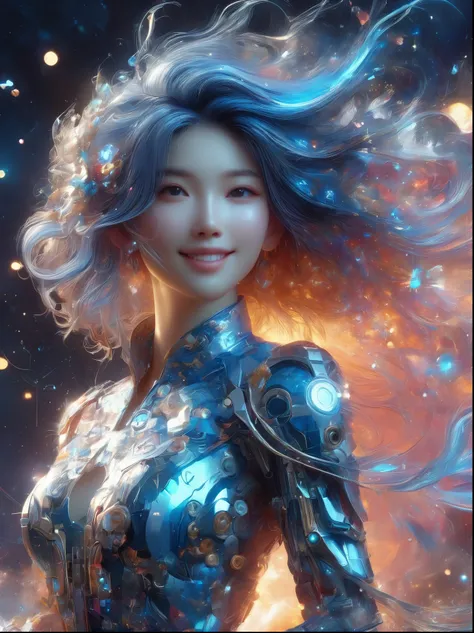 1xknh1, (full-body shot:1.4), Space Art, 1 Cheongsam woman,whole body,Standing,Transparent robotic arm,slim body,Perfect proportions,Exquisite hair accessories,Smile,Transparent mechanical shoes,Oriental elements,(bokeh),high quality,4K,3d