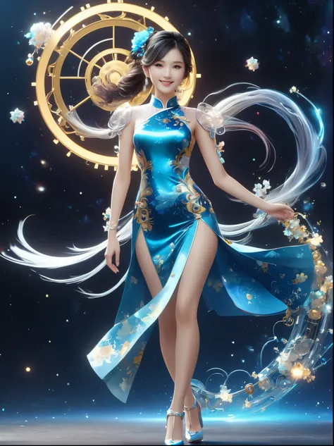 1xknh1, (full-body shot:1.4), Space Art, 1 Cheongsam woman,whole body,Standing,Transparent robotic arm,slim body,Perfect proportions,Exquisite hair accessories,Smile,Transparent mechanical shoes,Oriental elements,(bokeh),high quality,4K,3d