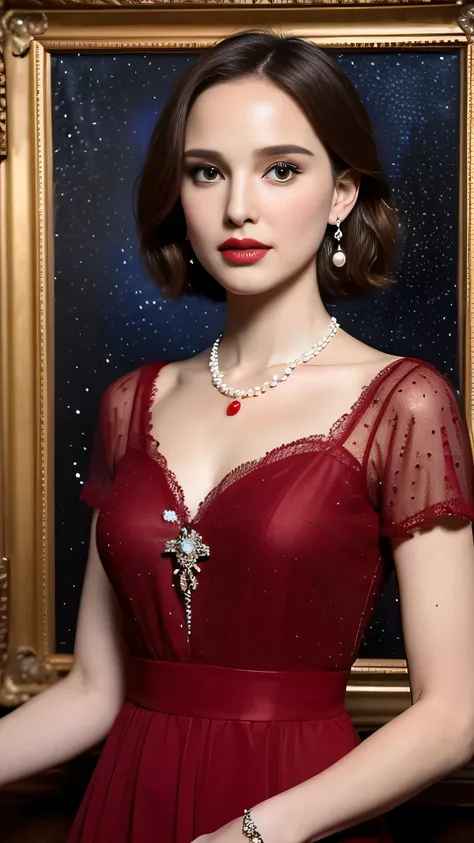 Natalie Portman, Oil painting, Renaissance, Leonardo da Vinci, model, modern style, modern clothing, pop star, cool, short hair red color pearl necklace, earrings, modern makeup, red lipstick, Starry night, dress with black stars, ring, defined strokes