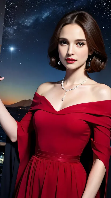 Natalie Portman, Oil painting, Renaissance, Leonardo da Vinci, model, modern style, modern clothing, pop star, cool, short hair red color pearl necklace, earrings, modern makeup, red lipstick, Starry night, dress with black stars, ring, defined strokes