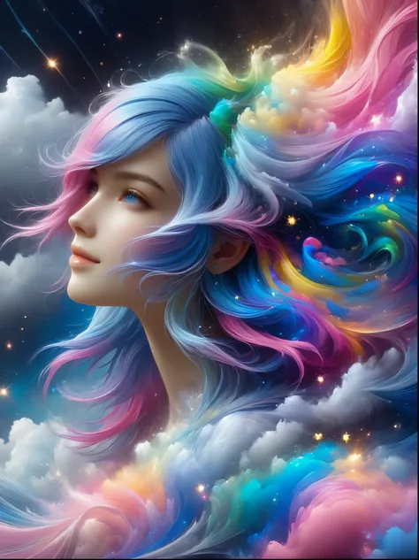 1xknh1, Top quality, Official Art, (Aesthetics and aesthetics:1.2), 1girl, solo, (Fractal Art:1.3), Upper body, Elegant dress, View from the side, Looking at the audience, (Rainbow Hair, Color of hair, Half blue and half pink hair:1.2), water, liquid, Clou...