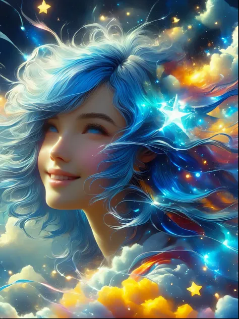 1xknh1, masterpiece, best quality, Aesthetic, fantasy, illusion, 1 Girl, Solitary, cute女孩的照片, detailed face, Relaxed smile, charming, 不symmetry头发, Swaying hair, Electric blue hair, glow, cloud, color斑斓的天空, Star, shattered, Space style, Vortex Magic Style, ...