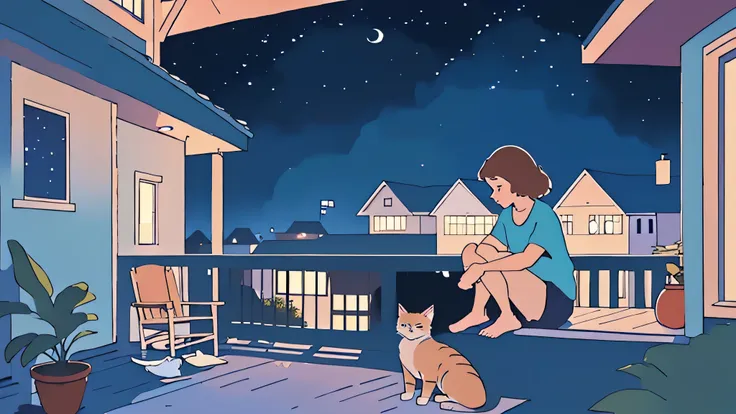 a girl sitting on a porch with a cat, with a view of the night sky,