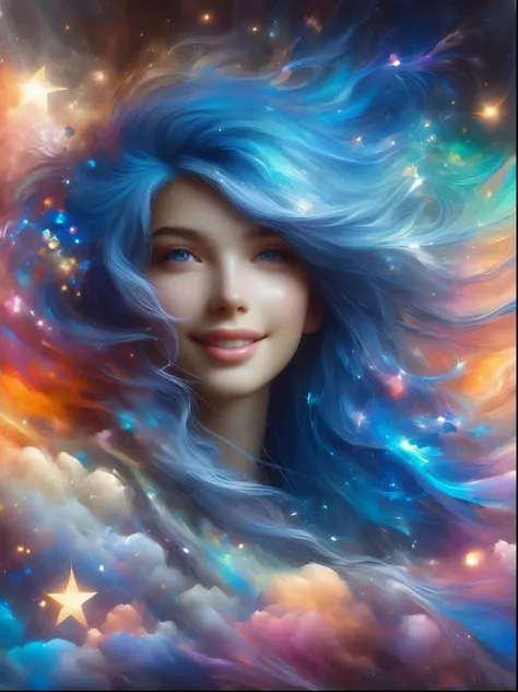 masterpiece, best quality, aesthetic, fantasy, illusion, 1 girl, photo of cute girl, detailed face, relaxed smile, charming, asymmetrical hair, swaying hair, electric blue hair, glow, clouds, colorful sky, stars, broken, space style, swirl magic style, sil...
