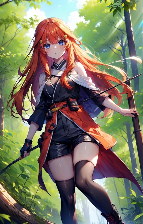 itsukinakano, itsuki nakano, bangs, blue eyes, Hair between the eyes, Redhead, star (symbol), hair ornaments, star hair ornaments,Long Hair,Owns an archery grip in the right hand,Carrying an archery bag,He has a quiver on one side, boots, Cape,gloves, red ...