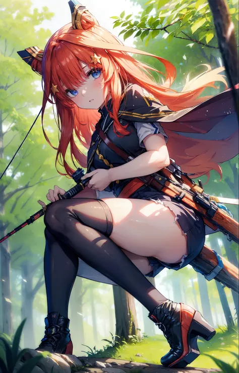 itsukinakano, itsuki nakano, bangs, blue eyes, Hair between the eyes, Redhead, star (symbol), hair ornaments, star hair ornaments,Long Hair,Owns an archery grip in the right hand,Carrying an archery bag,He has a quiver on one side, boots, Cape,gloves, red ...