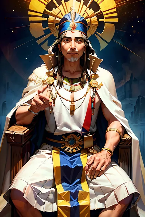 an older inca indian king sitting on a throne dressed in white with a blue cape and holding with both hands a big white flaming ...