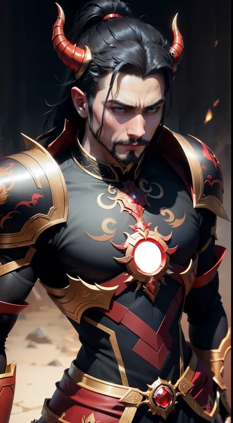 a close-up of a costumed ironman with a dragon on a black background, lindo deus masculino da morte, governante do inferno, ornate supreme demon overlord, o imperador divino da humanidade, Arte detalhada de Onmyoji, Demonic noble character design, demonic ...