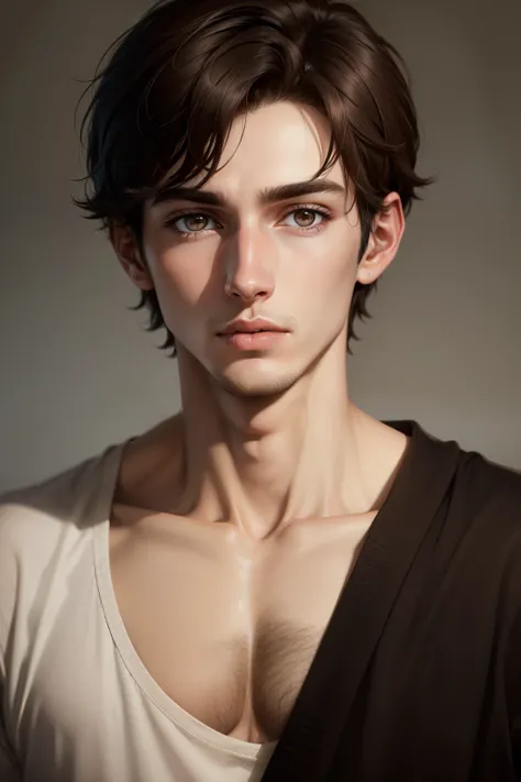 realistic, male, 23 years old, lanky, dark circles under the eyes, aquiline nose, short dark brown hair, dark lighting.