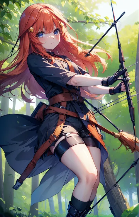 itsukinakano, itsuki nakano, bangs, blue eyes, Hair between the eyes, Redhead, star (symbol), hair ornaments, star hair ornaments,Long Hair,Owns an archery grip in the right hand,Carrying an archery bag,He has a quiver on one side, boots, Cape,gloves, red ...