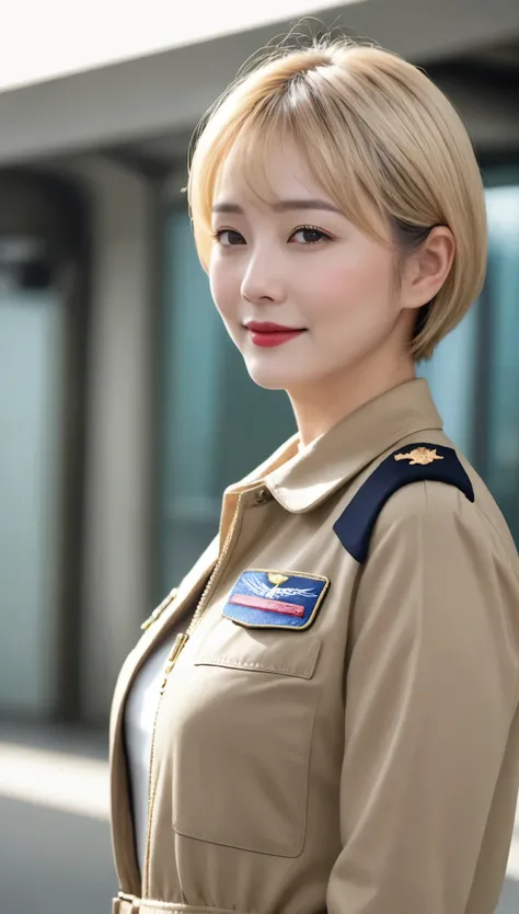 (Hyper Real)、将来のFemale pilot、
Huge　Beautiful woman　high resolution　High resolution　Realistic　short hair　blonde、　blondeの女性、Mature Woman、Middle-aged women、Delicate skin texture、超High resolution、Realistic、Chubby body type、Beautiful smile、Middle-aged beauty、Be...