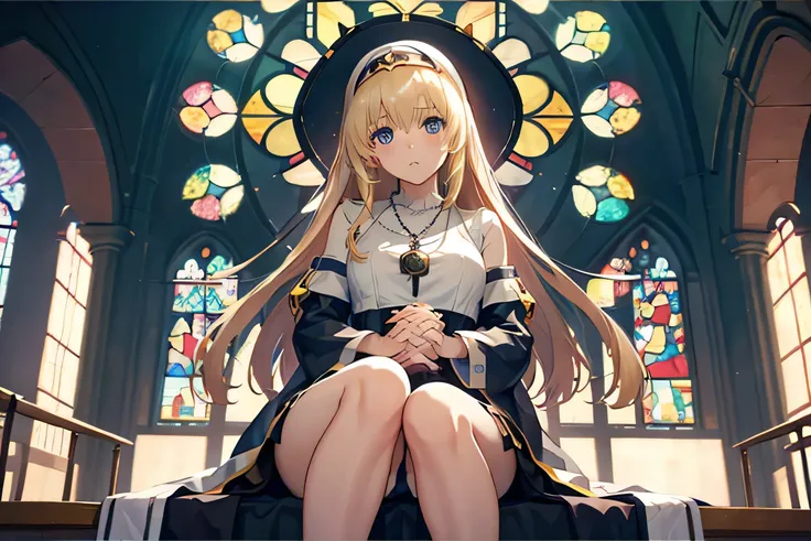 score_9、score_8_up、score_7_up、Source Anime、Rating Safe、Very intricate stained glass background、Intricate details、Anime Screencaps、Official Style、、Maria、Blonde Hair、blue eyes、Nuns、Habit、Black Dress、necklace、Medium Breasts、Looking at the viewer、Hip、whole bod...