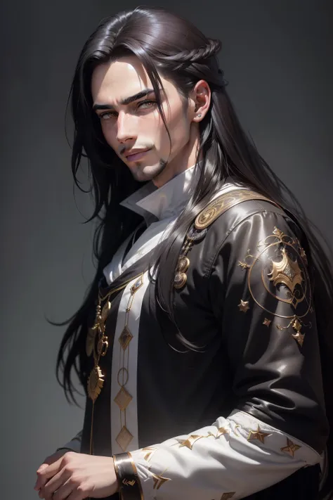 1 male with unique and attractive features, bright white skin, long and black hair that falls over his shoulders, ((big eyes, bright eyes, dark brown eyes, and these eyes carry a mysterious luster and hidden tale)). ((He has a warm and attractive smile tha...