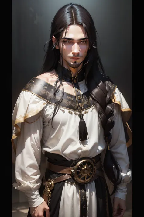 1 male with unique and attractive features, bright white skin, long and black hair that falls over his shoulders, ((big eyes, bright eyes, dark brown eyes, and these eyes carry a mysterious luster and hidden tale)). ((He has a warm and attractive smile tha...