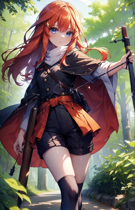 itsukinakano, itsuki nakano, bangs, blue eyes, Hair between the eyes, Redhead, star (symbol), hair ornaments, star hair ornaments,Long Hair,Owns an archery grip in the right hand,Carrying an archery bag,He has a quiver on one side, boots, Cape,gloves, red ...