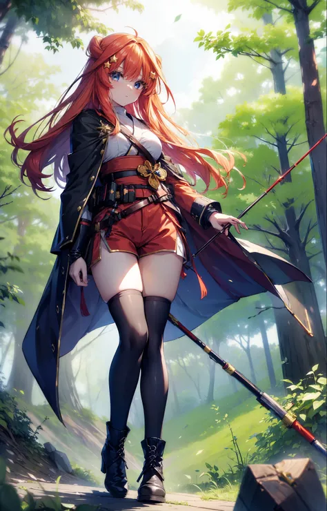 itsukinakano, itsuki nakano, bangs, blue eyes, Hair between the eyes, Redhead, star (symbol), hair ornaments, star hair ornaments,Long Hair,Owns an archery grip in the right hand,Carrying an archery bag,He has a quiver on one side, boots, Cape,gloves, red ...