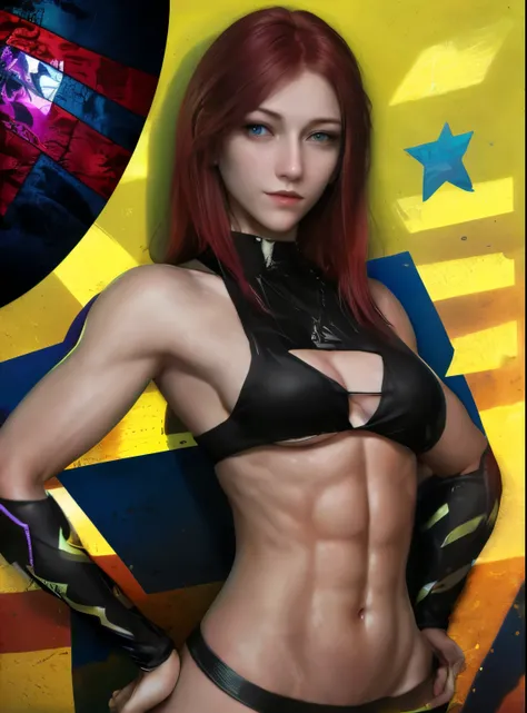 Very young, 10 years, young body, slim body, red hair, flat chest, no , (((no boobs))), (((small breasts))), (((very small breasts))), visible abs, strong woman, muscles, hot, bra, panties, blue eyes, makeup, shiny skin, wet skin, wet body, oily body, more...