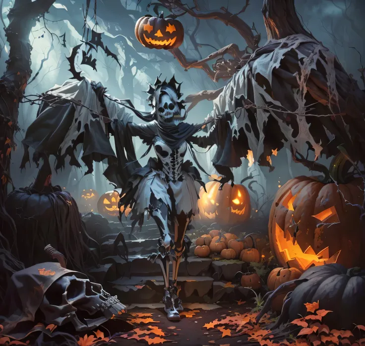 There is a poster with a skeleton and pumpkins in the forest, Detailed cover design, Halloween atmosphere, fear w- 768, Halloween scene, death MetalThe album cover, Halloween theme, official art works, crazy nightmare, fear, scary, The album cover, Hallowe...