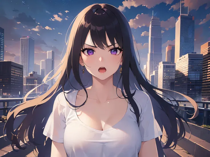 Detailed CG, Ultra-fine illustrations,masterpiece,highest quality, AW Photos,(Pale skin:1.2),Shiny skin Shiny Hair,(A 26-year-old woman with straight hair and bangs)and(Medium Hair)and(Black Hair)and(Purple eyes),BREAK(White T-shirt:1.5)BREAK,(angry:1.4),(...