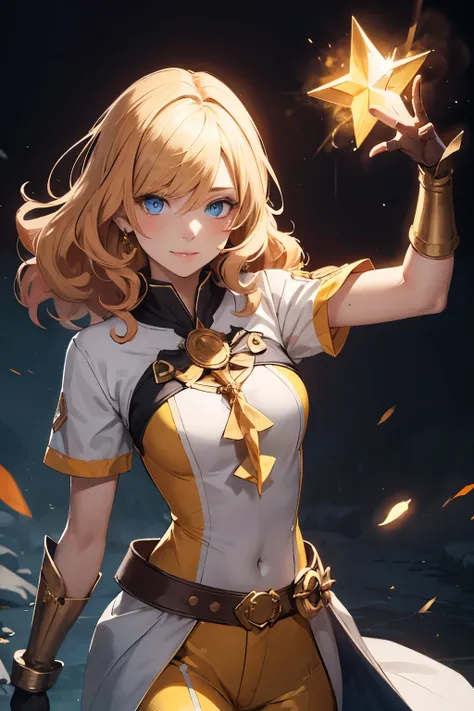 Girl with golden curls and blue eyes wearing a yellow mage outfit and using sunstone magic