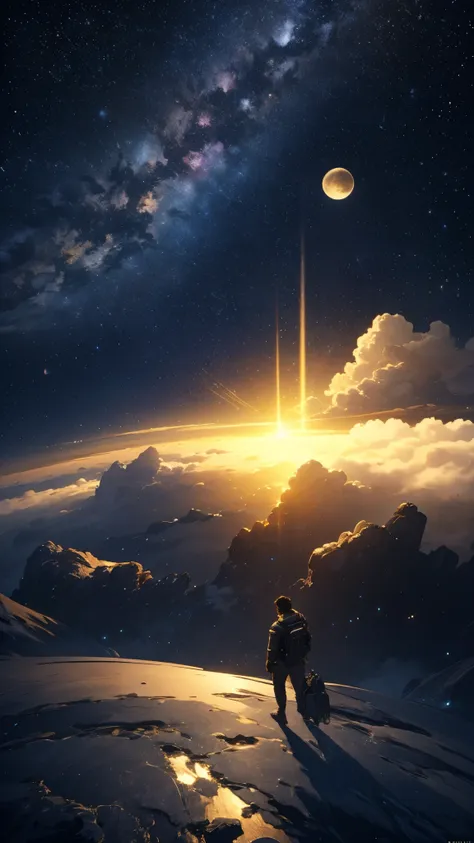 (highly detailed cg unity 8k wallpaper), a man looking up at the night sky, the most beautiful space art panorama, sf universe s...