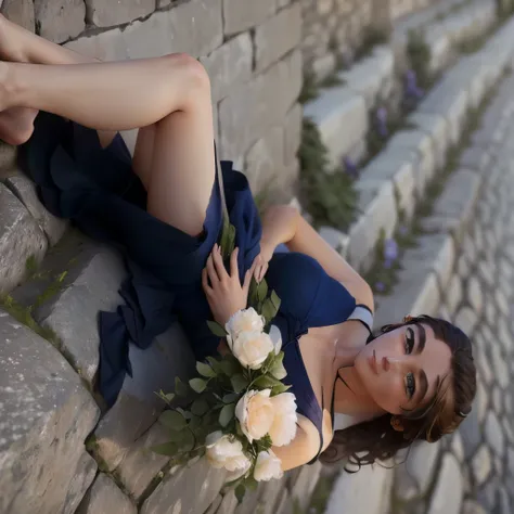 arafed woman in a blue dress laying on a stone wall avec des fleurs, tourné avec le canon eoa 6 d mark ii, prise avec canon eos 5 d mark iv, avec des fleurs, posé sur des roses, tourné avec un canon eos r5, tourné avec un canon eos r 5, Prise de vue avec C...