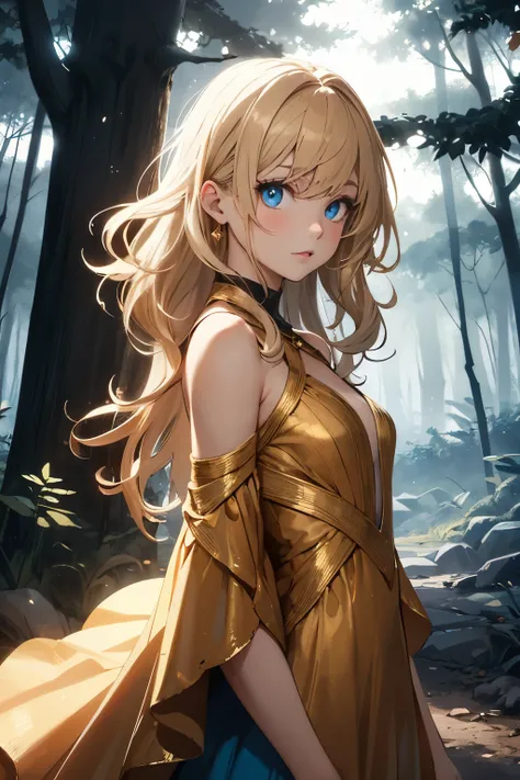 Runaway princess with golden curls in a beautiful hairstyle and blue eyes wearing a golden dress at a forest at night 