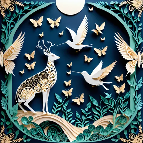 Create a detailed paper cutout artwork depicting a scene that combines intricate patterns with various creatures. The scene should include a harmonious blend of elaborate, decorative patterns interwoven with animals such as birds, fish, butterflies, and ot...