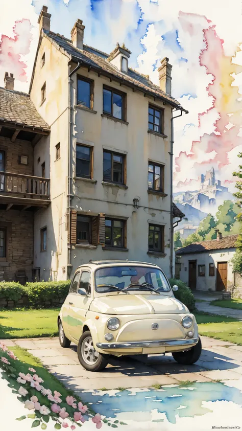 (masterpiece:1.2, Highest quality),(Very detailed),(((watercolor))),8K,wallpaper,Cream-colored Fiat 500,Fiat 500 running on Riverside Road,blue sky,(((Ghibli style))),透明watercolor