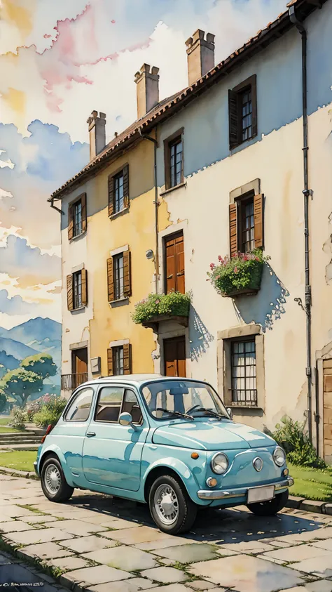 (masterpiece:1.2, Highest quality),(Very detailed),(((watercolor))),8K,wallpaper,Cream-colored Fiat 500,Castle of Cagliostro,blue sky,(((Ghibli style))),透明watercolor