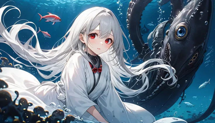 (Deep sea diving style), (biggest Deep Sea Creatures) and (one girl), (10 yo silverhair long hair alluring girl, detailed red eyes), in a white robe, (Drifting in the deep sea), break, (in the deep sea, background a abyss), BREAK, perfect anatomy, masterpi...